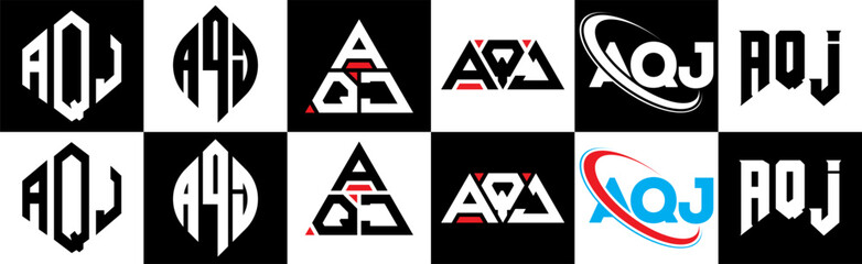 AQK letter logo design in six style. AQK polygon, circle, triangle, hexagon, flat and simple style with black and white color variation letter logo set in one artboard. AQK minimalist and classic logo