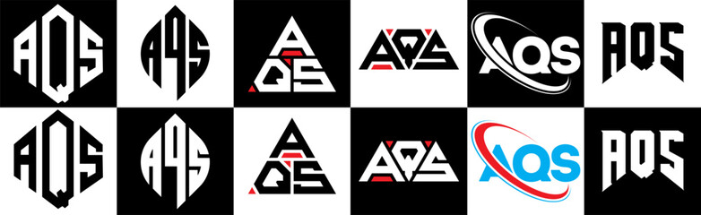 AQS letter logo design in six style. AQS polygon, circle, triangle, hexagon, flat and simple style with black and white color variation letter logo set in one artboard. AQS minimalist and classic logo