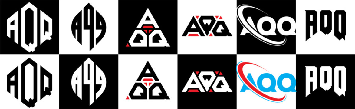 AQQ letter logo design in six style. AQQ polygon, circle, triangle, hexagon, flat and simple style with black and white color variation letter logo set in one artboard. AQQ minimalist and classic logo