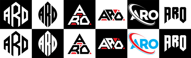 ARO letter logo design in six style. ARO polygon, circle, triangle, hexagon, flat and simple style with black and white color variation letter logo set in one artboard. ARO minimalist and classic logo