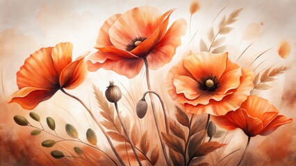 Hazy Peach and Orange Poppies with Delicate Leaves and Background