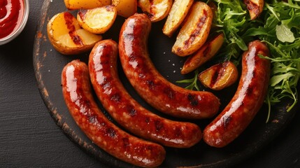 Fototapeta premium Grilled sausages and potatoes outdoor bbq food photography summer