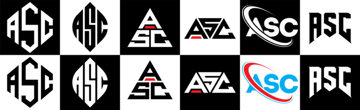 ASC letter logo design in six style. ASC polygon, circle, triangle, hexagon, flat and simple style with black and white color variation letter logo set in one artboard. ASC minimalist and classic logo