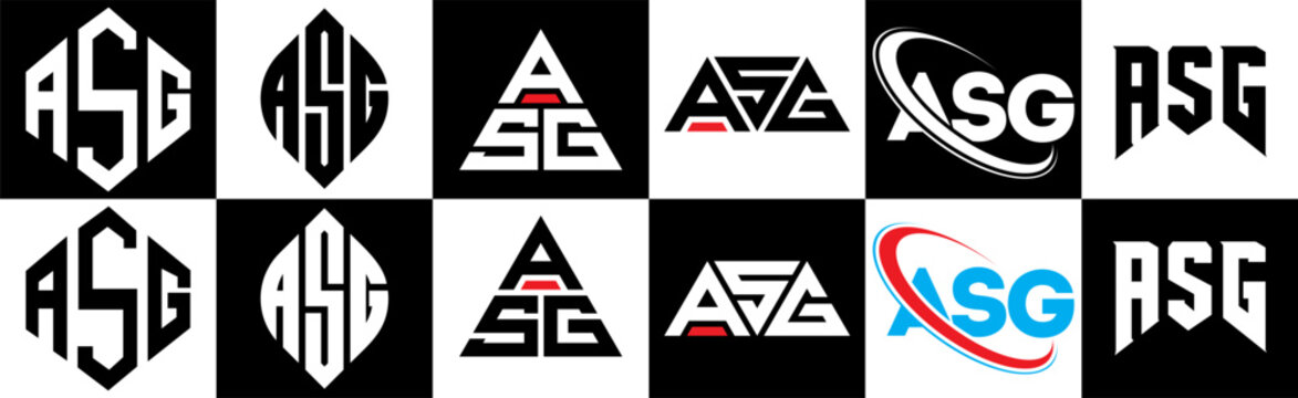 ASG letter logo design in six style. ASG polygon, circle, triangle, hexagon, flat and simple style with black and white color variation letter logo set in one artboard. ASG minimalist and classic logo