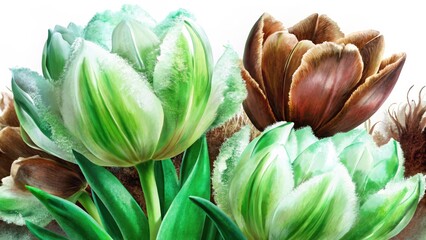 Soft Green and Brown Tulips Surrounded by Mossy Elements
