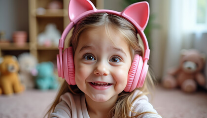 Happy young girl wearing pink cat-ear headphones at home