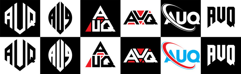 AUQ letter logo design in six style. AUQ polygon, circle, triangle, hexagon, flat and simple style with black and white color variation letter logo set in one artboard. AUQ minimalist and classic logo