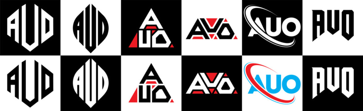 AUO letter logo design in six style. AUO polygon, circle, triangle, hexagon, flat and simple style with black and white color variation letter logo set in one artboard. AUO minimalist and classic logo