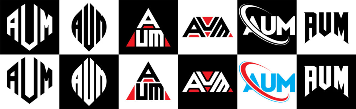 AUM letter logo design in six style. AUM polygon, circle, triangle, hexagon, flat and simple style with black and white color variation letter logo set in one artboard. AUM minimalist and classic logo