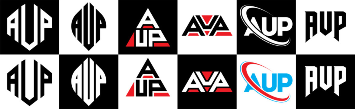 AUP letter logo design in six style. AUP polygon, circle, triangle, hexagon, flat and simple style with black and white color variation letter logo set in one artboard. AUP minimalist and classic logo