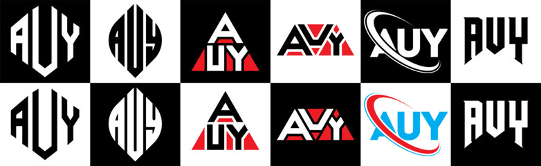 AUY letter logo design in six style. AUY polygon, circle, triangle, hexagon, flat and simple style with black and white color variation letter logo set in one artboard. AUY minimalist and classic logo