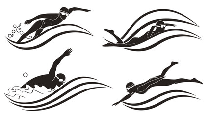 Set of Swimming Silhouettes Illustrating Different Swimming Strokes – Freestyle, Butterfly, Backstroke, and Breaststroke – Black and White Vector Icons
