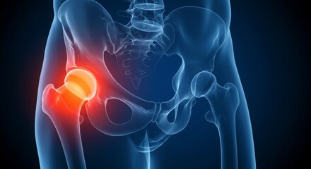An x-ray illustration of a hip joint highlighting inflammation.
