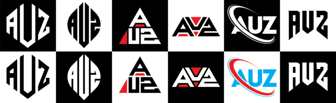 AUZ letter logo design in six style. AUZ polygon, circle, triangle, hexagon, flat and simple style with black and white color variation letter logo set in one artboard. AUZ minimalist and classic logo