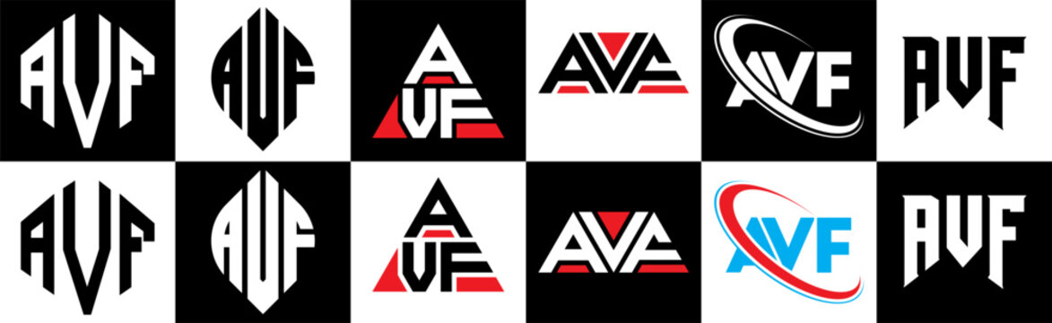AVF letter logo design in six style. AVF polygon, circle, triangle, hexagon, flat and simple style with black and white color variation letter logo set in one artboard. AVF minimalist and classic logo