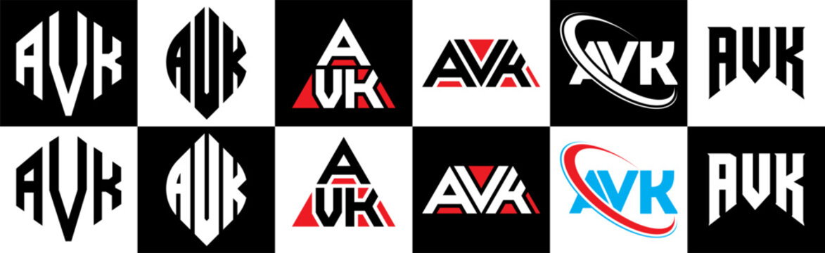 AVK letter logo design in six style. AVK polygon, circle, triangle, hexagon, flat and simple style with black and white color variation letter logo set in one artboard. AVK minimalist and classic logo