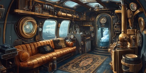 A luxurious interior with steampunk elements and panoramic windows