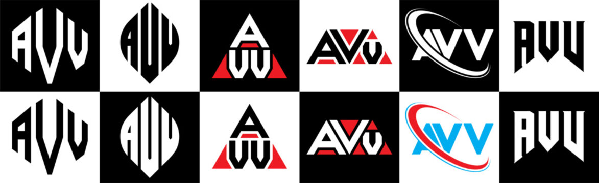 AVV letter logo design in six style. AVV polygon, circle, triangle, hexagon, flat and simple style with black and white color variation letter logo set in one artboard. AVV minimalist and classic logo
