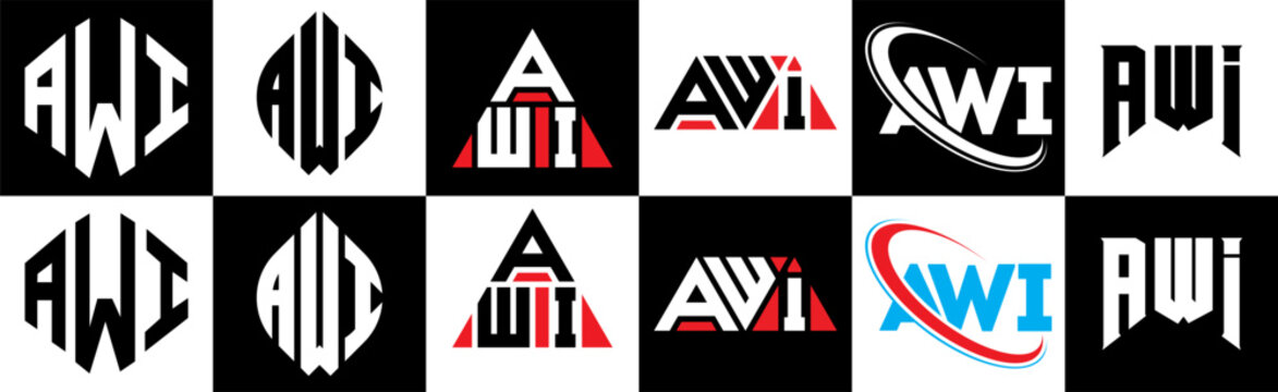 AWI letter logo design in six style. AWI polygon, circle, triangle, hexagon, flat and simple style with black and white color variation letter logo set in one artboard. AWI minimalist and classic logo