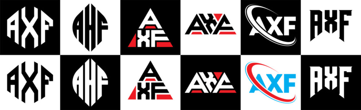 AXF letter logo design in six style. AXF polygon, circle, triangle, hexagon, flat and simple style with black and white color variation letter logo set in one artboard. AXF minimalist and classic logo