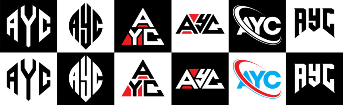 AYC letter logo design in six style. AYC polygon, circle, triangle, hexagon, flat and simple style with black and white color variation letter logo set in one artboard. AYC minimalist and classic logo