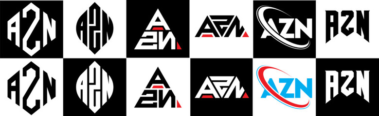 AZN letter logo design in six style. AZN polygon, circle, triangle, hexagon, flat and simple style with black and white color variation letter logo set in one artboard. AZN minimalist and classic logo