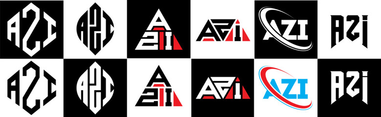 AZI letter logo design in six style. AZI polygon, circle, triangle, hexagon, flat and simple style with black and white color variation letter logo set in one artboard. AZI minimalist and classic logo