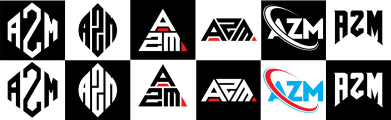 AZM letter logo design in six style. AZM polygon, circle, triangle, hexagon, flat and simple style with black and white color variation letter logo set in one artboard. AZM minimalist and classic logo