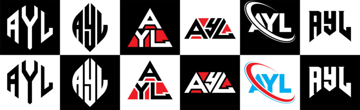 AYL letter logo design in six style. AYL polygon, circle, triangle, hexagon, flat and simple style with black and white color variation letter logo set in one artboard. AYL minimalist and classic logo