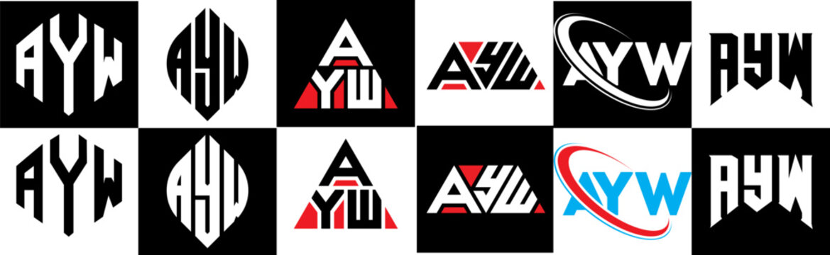 AYW letter logo design in six style. AYW polygon, circle, triangle, hexagon, flat and simple style with black and white color variation letter logo set in one artboard. AYW minimalist and classic logo
