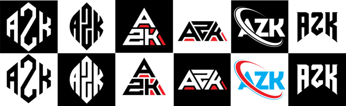 AZK letter logo design in six style. AZK polygon, circle, triangle, hexagon, flat and simple style with black and white color variation letter logo set in one artboard. AZK minimalist and classic logo