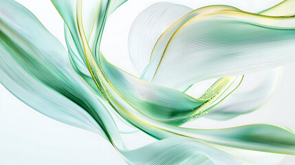 Fototapeta premium Abstract image featuring flowing, translucent ribbons in shades of green and yellow, creating a dynamic and ethereal visual effect.