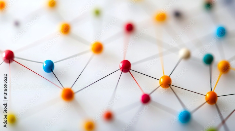 Fototapete Abstract data visualization with multicolored lines and nodes, creating a web of information on a plain, minimal background.