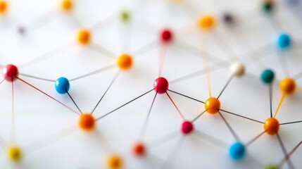 Abstract data visualization with multicolored lines and nodes, creating a web of information on a plain, minimal background.