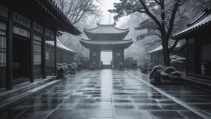 Obraz premium Echoes of the Rising Sun: Traditional Japanese Architecture Amidst Serene Landscapes