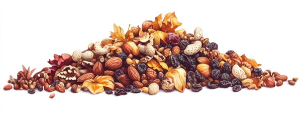 Assorted nuts and dried fruit mix pile on white background