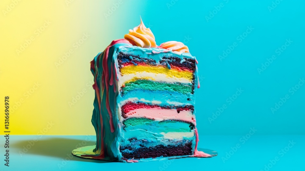 Aufkleber an artistic presentation of a layered cake with colorful frosting swirls, placed on a bright backgro