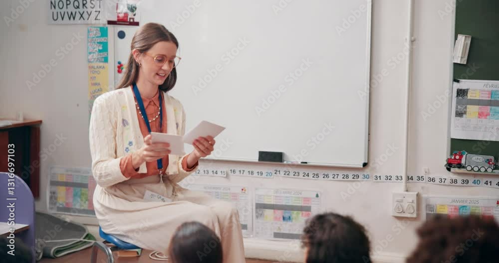 Poster teacher, kids and education question in classroom for answer, learning feedback and quiz lesson. kin