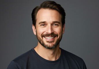 Obraz premium A bearded man with short, neatly styled hair and a warm smile, wearing a dark t-shirt. He looks confident and approachable against a neutral dark background, exuding charisma and friendliness.