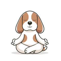 Beagle-Hund in einer meditativen Haltung. Der Hund sitzt im Lotussitz mit geschlossenen Augen und einem entspannten Lächeln, während seine Pfoten in einer typischen Meditationsgeste gehalten werden.