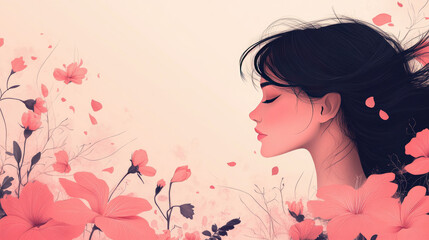 Fototapeta premium Elegant illustration of a young woman's face with delicate flowers. Minimalist design with copy space, perfect for Mother's Day backgrounds, posters, brochures, promotional materials
