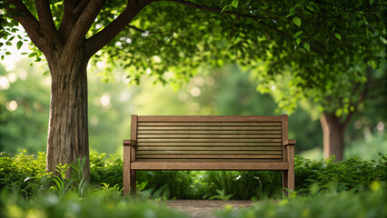 Serene Wooden Bench Surrounded by Lush Greenery in Tranquil Natural Setting