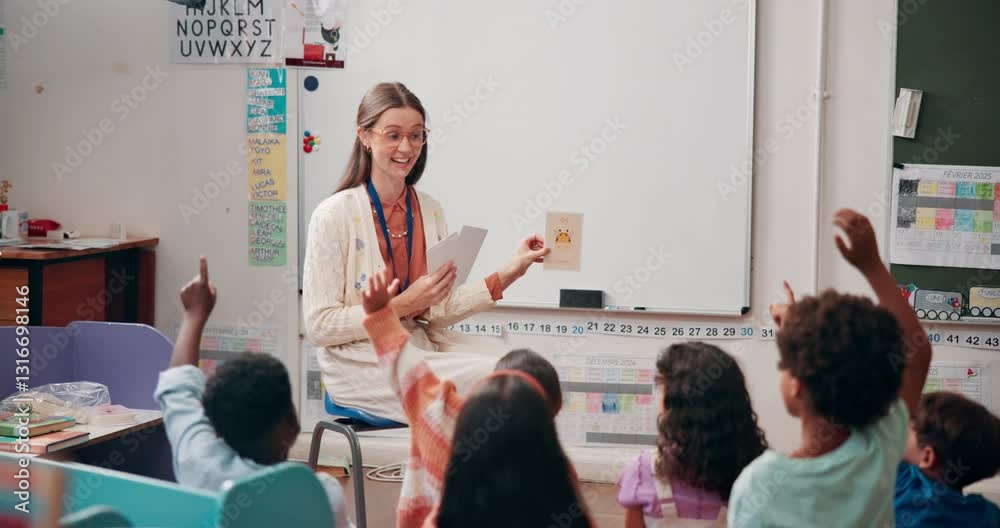 Poster Students, teacher and education question in classroom with answer, learning and feedback on quiz lesson. Kindergarten, kids or problem solving with solution, creative assessment or memory development