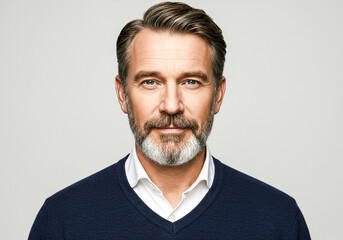 Obraz premium A distinguished middle-aged man with a well-groomed salt-and-pepper beard and neatly styled hair, wearing a navy sweater over a white collared shirt. He has a confident and composed expression.