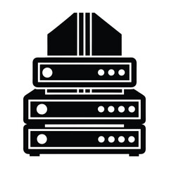 A black and white illustration of stacked electronic devices with lights present. Digital networks Graphic resource for design