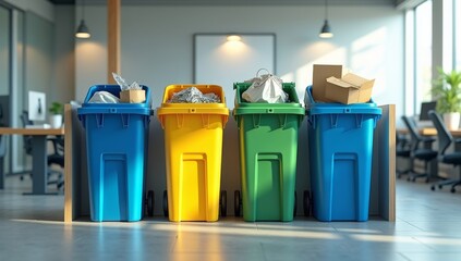 A recycling station in a brightly lit office, with clearly labeled bins for different materials