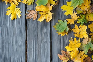 Autumn Maple Leaves on Gray Wooden Background Fall Season Design