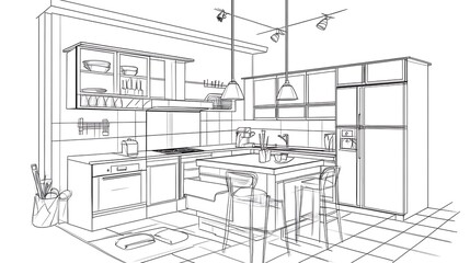 Fototapeta premium Modern Kitchen Design: Hand-Drawn Architectural Sketch AI Generated