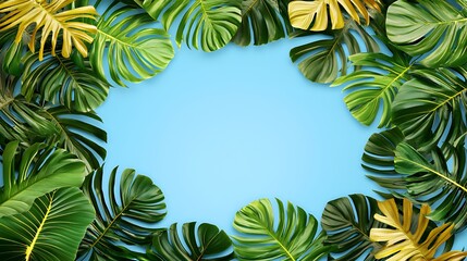 Vibrant Green and Gold Monstera Leaves Frame on Blue Background