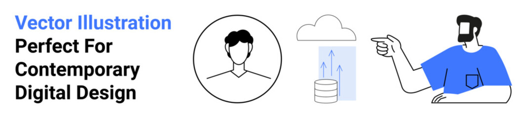 Avatar portrait, cloud above database, and a person gesturing in blue minimal style. Ideal for digital profile, tech solutions, innovation, data transfer, teamwork, modern design flat landing page